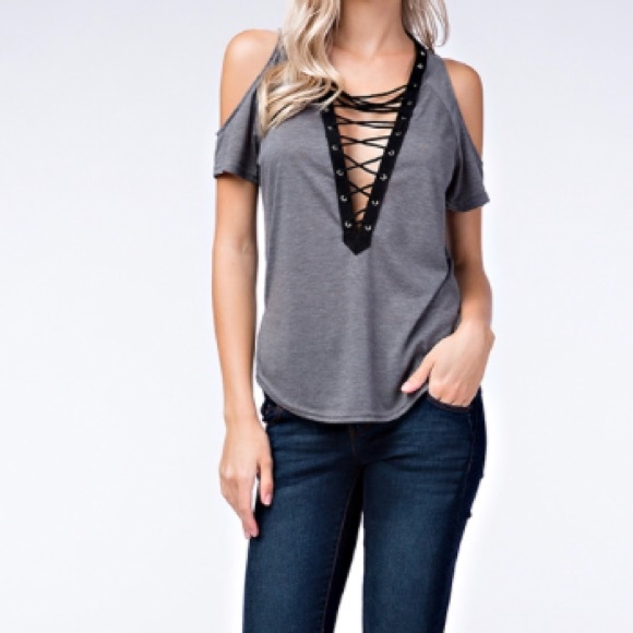 ❤️Only 2 Left❤️Charcoal Lace Up Cold Shoulder Top - Picture 2 of 4
